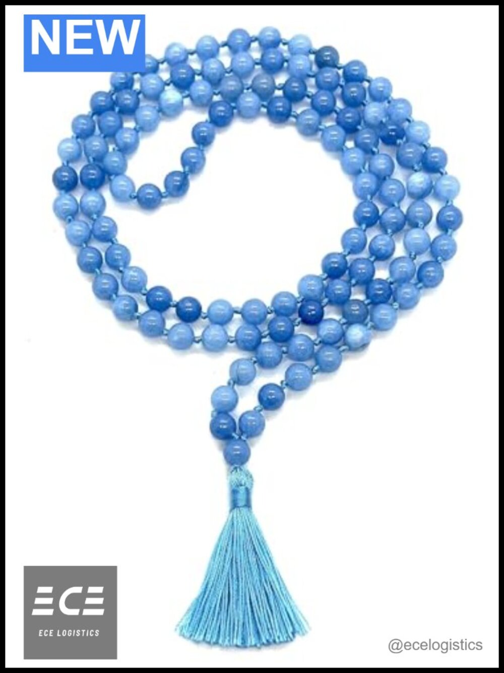 Hand-Knotted Sky Blue Jade Mala Necklace 108 Beads 8mm Throat Chakra